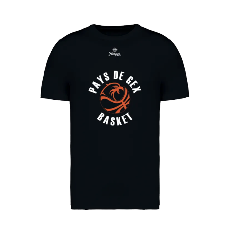 TSHIRT HOOPER COTON BIO COLLEGE ADULTE NOIR PAYS DE GEX LOGO ROND
