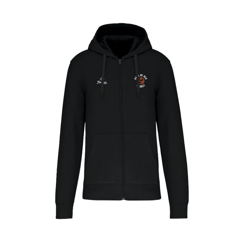 VESTE CAPUCHE ZIPPÉE HOOPER COTON BIO COLLEGE NOIR PETIT LOGO ROND PAYS DE GEX